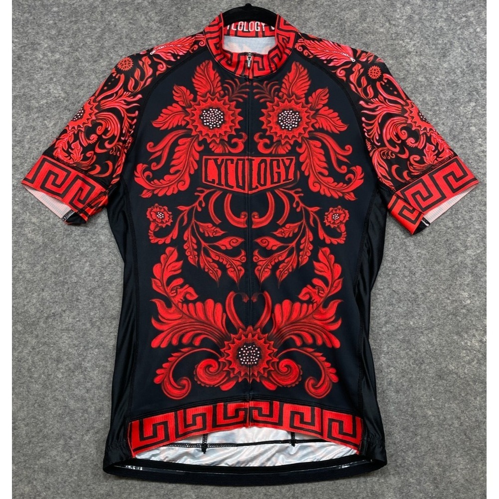 Cycology Cycling Jersey Womens L Black Red Performance Floral Short Sleeve